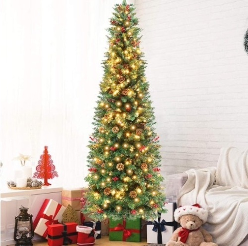 OurWarm 7.5ft Prelit Slim Christmas Tree with 350 LED Lights, 900 Branch Tips, Solid Metal Stand, 55 Pine Cones, 55 Berries, Xmas Tree for Home and Office - Lot 296