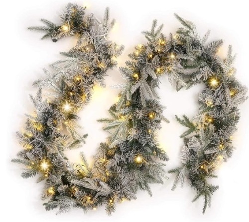 Flocked Pine Garland with Lights - 9 FT, Artificial Snow Pine Garland with 100 Warm White LED Lights, Plug in - Lot 297
