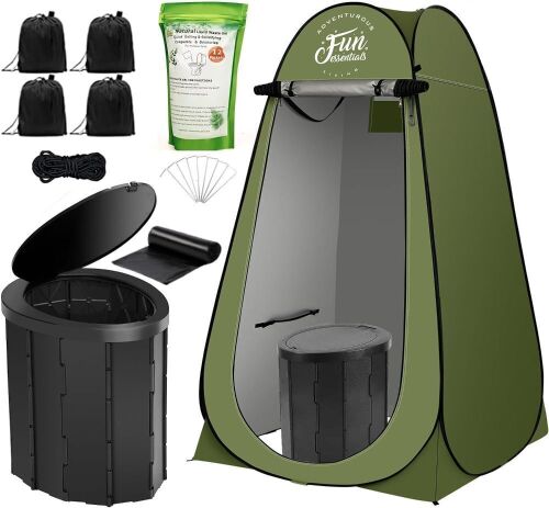 FUN ESSENTIALS Portable Toilet Kit, Pop Up Privacy Tent, XL Folding Toilet, 12 Toilet bags, 12 Liquid Waste Gel - Lot 438