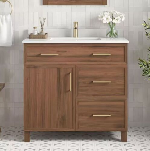 Home Decorators Collection Bilston 36 in. W x 19 in. D x 34 in. H Single Sink Bath Vanity in Spiced Walnut with White Engineered Stone Top  - Lot 15