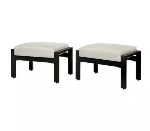 Home Decorators Collection Kentwell Black Aluminum Outdoor Patio Ottoman with CushionGuard Plus Driftwood Cushions, 2 Pack  - Lot 85