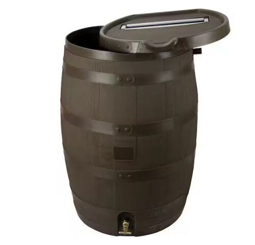 55 Gal. Barrel Premium Flat Back Rain with Removable Lid, Walnut Color - Dented Screen Frame - Lot 322