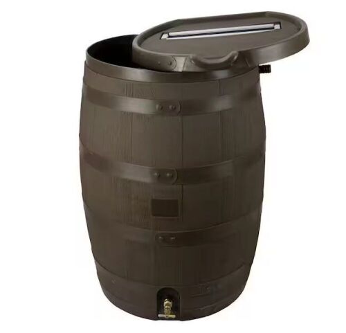 55 Gal. Barrel Premium Flat Back Rain with Removable Lid, Walnut Color  - Lot 323