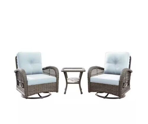 3-Piece Wicker Outdoor Patio Set Rocking Swivel Chairs with Baby Blue Cushions and Side Table - Light Damage to Wicker on One Chair  - Lot 23