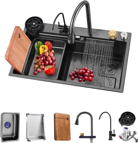  32'' Waterfall Kitchen Sink Black 304 Stainless Steel Pull-Faucet  - Lot 80