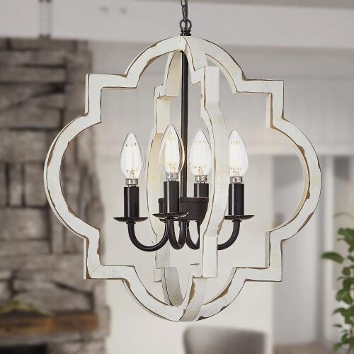 Farmhouse Orb Chandelier, 4-Light Distressed White Wood  - Lot 512