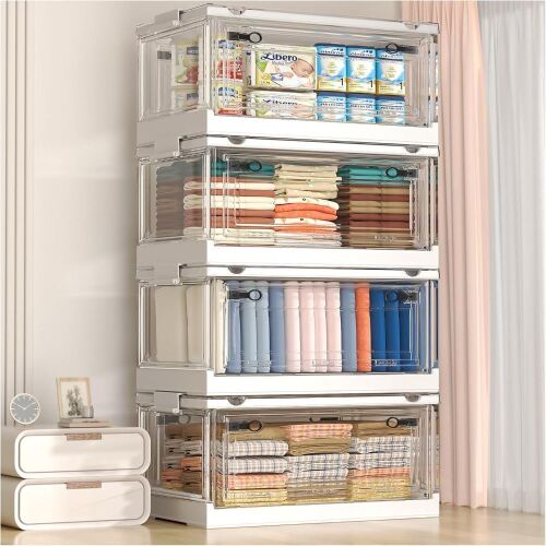 Folding Plastic Storage Bins with Wheels and Doors 73Qt, 4 Pack  - Lot 624
