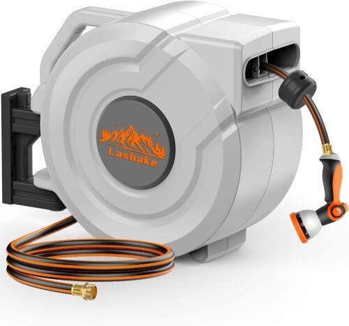 Lashake Retractable Garden Hose Reel, 1/2" x 100', Wall Mounted, 180° Swivel Bracket - Lot 72