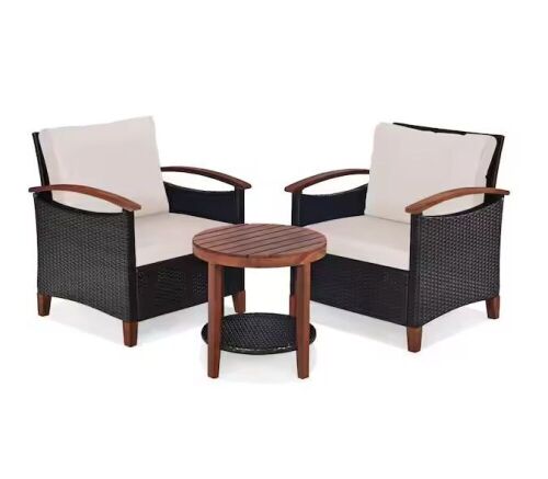 Honey Joy Brown 3-Piece Wicker Patio Set with Beige Cushions  - Lot 28