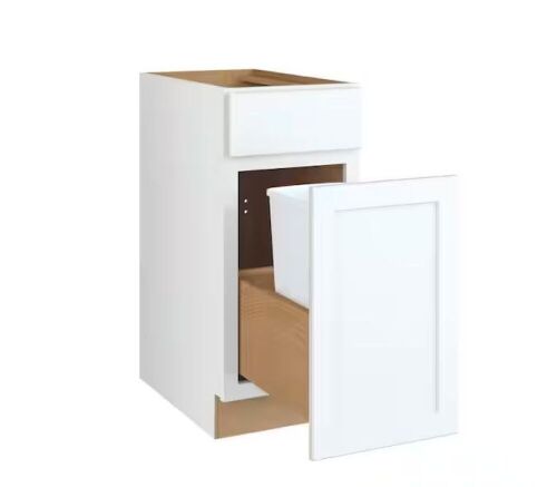 Hampton Bay Courtland 18 in. W x 24 in. D x 34.5 in. H Assembled Shaker Trash Can Kitchen Cabinet in Polar White - Inside Piece Needs Glued   - Lot 272