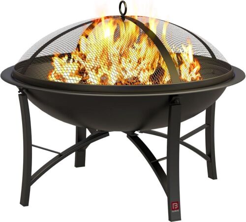 Fire Beauty 22" Steel Fire Bowl with Spark Screen Cover, Log Grate, Poker - Lot 365