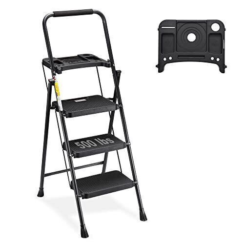 HBTower 3 Step Folding Step Ladder with Tool Tray  - Lot 373