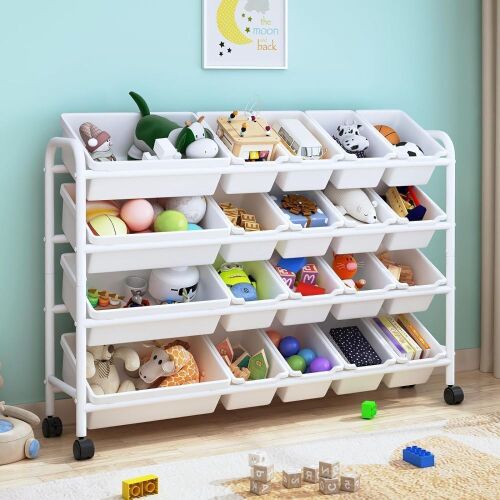 4-Tier Metal Toy Storage Rack with 20 Plastic Bins  - Lot 259