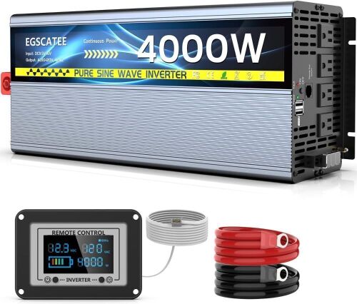 EGSCATEE 4000W Pure Sine Wave Inverter 24V DC to 120V AC, Peak 8000W Off-Grid Solar Power Inverter with 4 AC Outlets, Dual 3.4A USB Ports, Remote Controller with Screen  - Lot 50