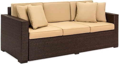 Outdoor Wicker Sofa with Tan Cushions, Seats 3 - Lot 71