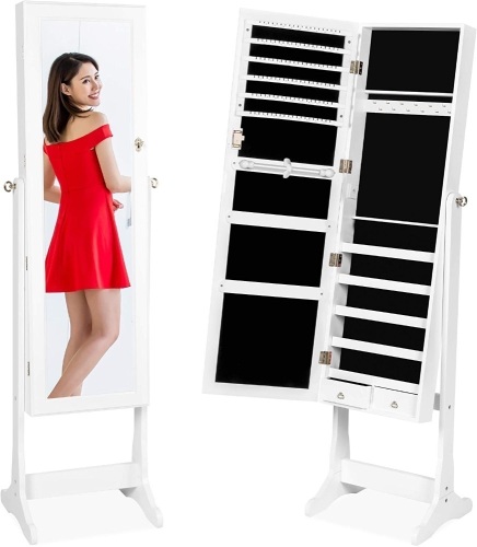 Standing Mirror Armoire, Lockable Jewelry Storage Organizer Cabinet w/ Velvet Interior, 3 Angle Adjustments  - Lot 375
