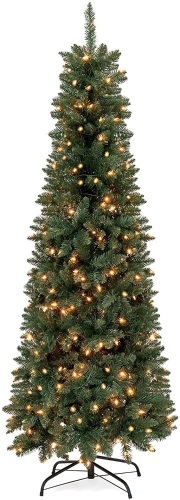 7.5ft Pre-Lit Hinged Fir Artificial Pencil Christmas Tree w/ 350 Warm White Lights, Foldable Stand  - Lot 906