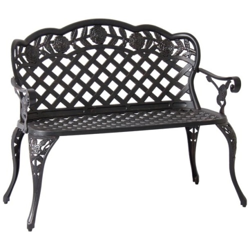 2-Person Aluminum Bench w/ Lattice Backrest and Seat, Rose Detailing, Bronze  - Lot 913