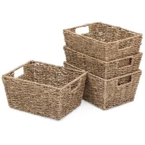 Set of 4 Seagrass Storage Tote Baskets, Laundry Organizer w/ Insert Handles  - Lot 929