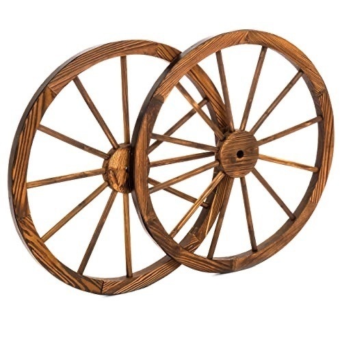 30" Decorative Wall Accent Old Western Wooden Wagon Wheel w/ Steel Rims, Set of 2  - Lot 1086