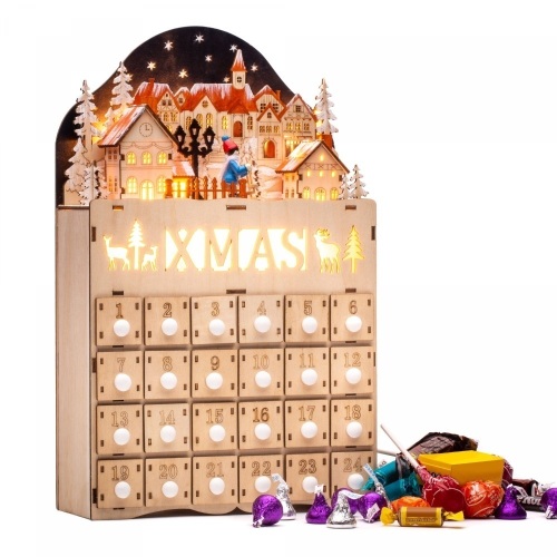 Wooden Christmas Village Advent Calendar w/ Battery-Operated LED Light Background - Lot 1091