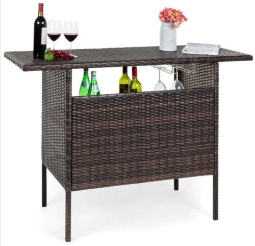 Outdoor Wicker Bar Counter Table w/ 2 Steel Shelves, 2 Rails - Lot 114
