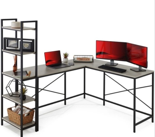 L-Shaped Computer Desk, Study Workstation w/ 5-Tier Open Storage Bookshelf - Lot 125