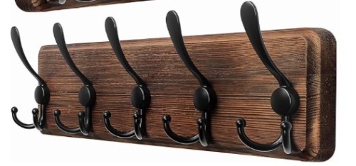 Coat Rack Wall Mounted - 5 Tri Hooks, Heavy Duty, Wooden Wall Coat Hanger - Lot 129