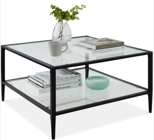 2-Tier Large Square Coffee Table Living Room Accent w/ Glass Top - 32" - Lot 131