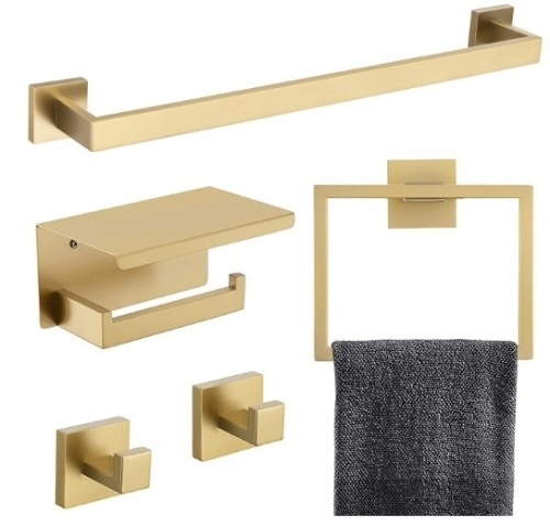 TNOMS 5-Piece Bathroom Hardware Set 23.6 Inch Gold Towel Bar Set Towel Bar Towel Ring Coat Hook and Toilet Paper Holder with Shelf Wall Mounted Stainless Steel Bathroom Accessories Set - Lot 161