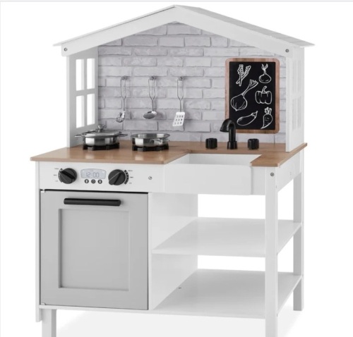 Kids Farmhouse Play Kitchen w/ Chalkboard, Storage Shelves, 5 Accessories - Lot 171b