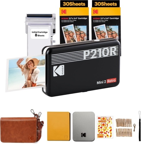 KODAK Mini 2 Retro 4PASS Portable Photo Printer (2.1x3.4 inches) Initial 8 Sheets + 60 Sheets + Gift Bundle, Black - Lot 9819