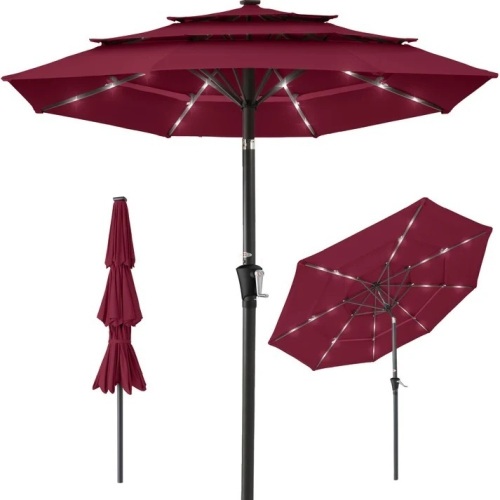 3-Tier Solar Patio Umbrella w/ LED Lights, Tilt Adjustment, Crank - 10ft - Lot 9827