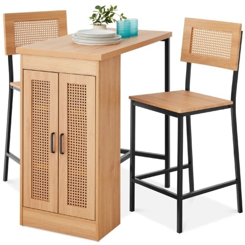 3-Piece Counter Height Rattan Kitchen Dining Table Set w/ Storage Shelves - Lot 9918