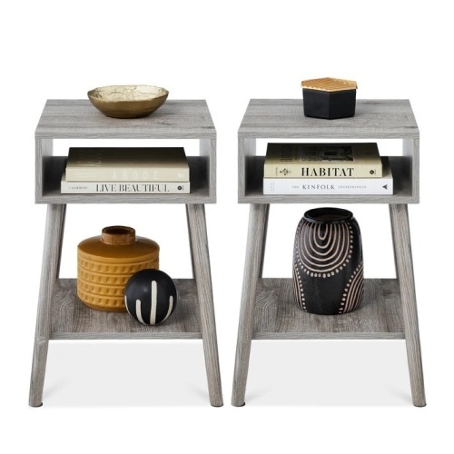 Set of 2 Mid-Century Modern End Tables w/ Cubby, Shelf - Lot 9946