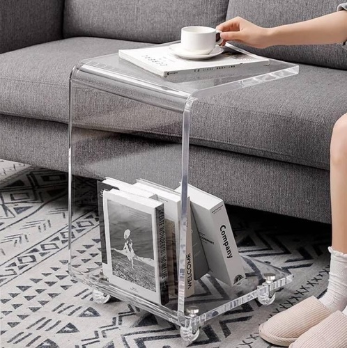 ONELUX Mobile C Shaped End Table,Acrylic Sofa Side Table, Snack Table On Wheels,clear rolling table - Lot 10083