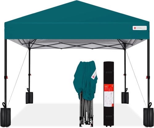 Best Choice Products 10x10ft 1-Person Setup Pop Up Canopy Tent Instant Portable Shelter w/ 1-Button Push, Case, 4 Weight Bags - Cerulean  - Lot 10115