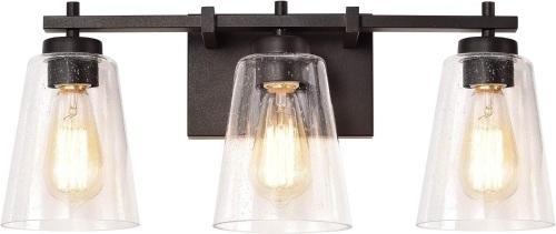 Industrial 3 Light Bathroom Vanity Light Fixture with Clear Seeded Glass Shade, Oil Rubbed Bronze Finish - Lot 10146