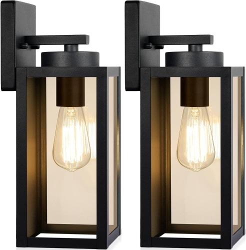 Outdoor Wall Light Fixtures, Exterior Waterproof Lanterns, Porch Sconces Wall Mounted Lighting with E26 Sockets & Glass Shades, Modern Matte Black Wall Lamps for Patio Front Door Entryway, 2-Pack  - Lot 10148