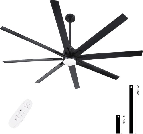 YUHAO 72 Inch Large Ceiling Fan with Light and Remote Control.6 Speed Reversible DC Motor, Dimmable Tri-Color Temperature LED.Black Industrial Style Ceiling Fan for Indoor or Covered Outdoor Use.  - Lot 10149