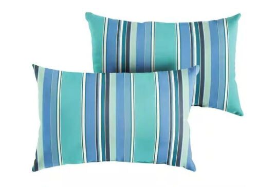 Sunbrella Blue Teal Stripe Rectangular Outdoor Knife Edge Lumbar Pillows, 2 Pack  - Lot 324