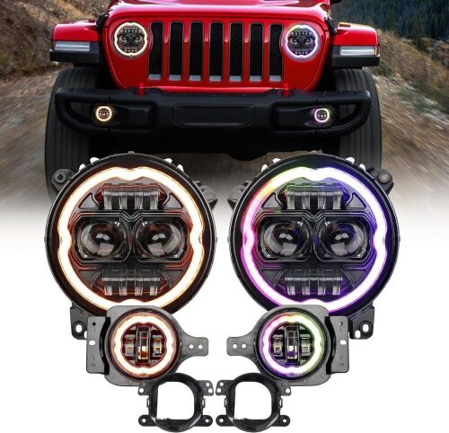 OPP ULITE Dream Chasing Color Halo JL Led Headlights 9inch Built-in Canbus, Amber Turn Signal Light, 2 Brackets 4inch Fog Lights for Jeep Wrangler JL Headlight Sahara Rubicon Gladiator JT 2018-2023 - Lot 64