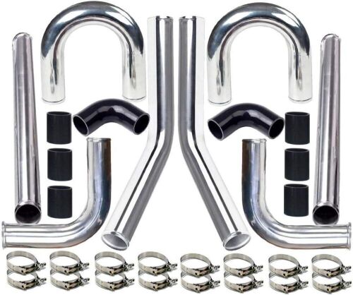  MOOSUN 2" 8-Pcs Universal Intercooler Piping Turbo Polished Aluminum Kit with Silicone Hoses and Stainless Steel T-Clamps  - Lot 287