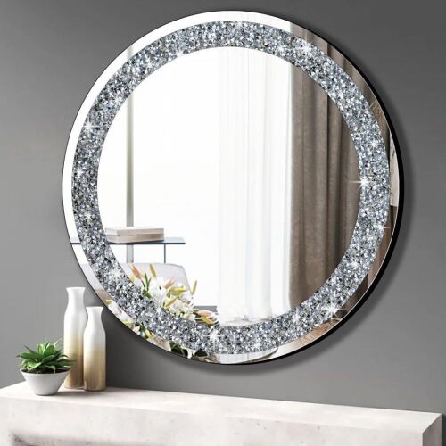 QMDECOR Round Wall Mirror 28x28 inch Crystal Crush Diamond - Lot 673