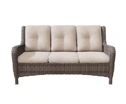 3-Seat Wicker Outdoor Patio Sofa Sectional Couch with Beige Cushions  - Lot 66