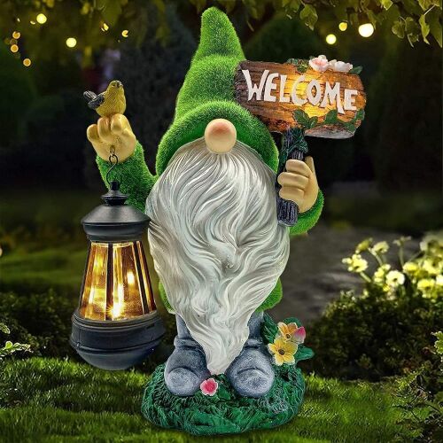Flocked Resin Gnome Figurine with Solar Light Holding Lantern Welcome Sign - Lot 684