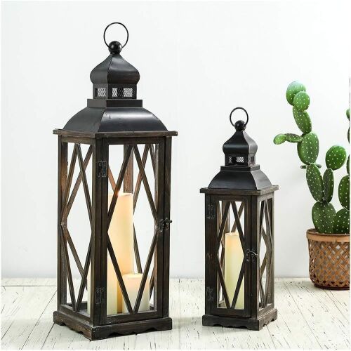 Glitzhome 2 Pack Farmhouse Wood/Metal Decorative Candle Lanterns, No Glass - Lot 187