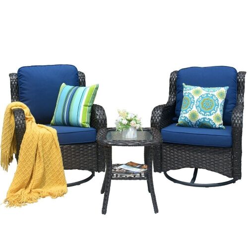 OVIOS Rattan Wicker Gliding Swivel Chair and Table Set  - Lot 11