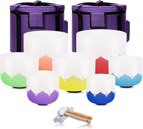 432hz Crystal Lotus Singing Bowls 6-12inch, Set of 7, Heavy Duty Carrying Case Rubber Mallet Suede Striker - Lot 22