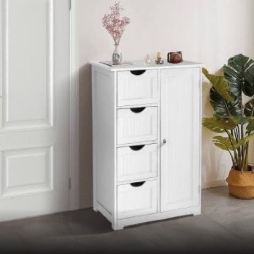 Small Storage Cabinet Wooden Bathroom Floor Cabinet Small Space Furniture White Side Storage Organizer with 4 Drawers and 1 Cupboard Adjustable Shelf 22" W x 11.8" D x 32.3" H - Lot 63